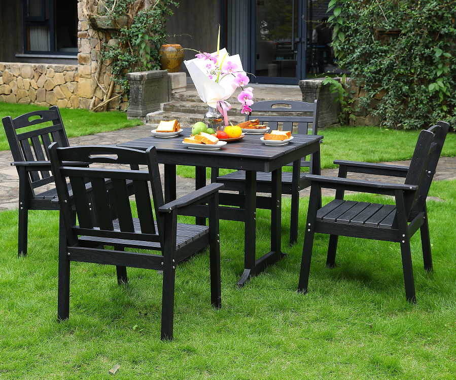 HDPE outdoor dining chair 4 na upuan + square table set black vertical backrest
