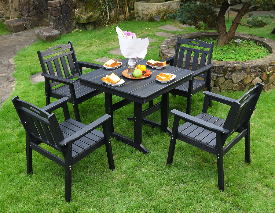 HDPE outdoor dining chair 4 na upuan + square table set black vertical backrest