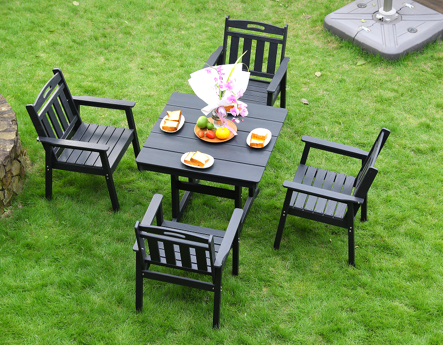HDPE outdoor dining chair 4 na upuan + square table set black vertical backrest