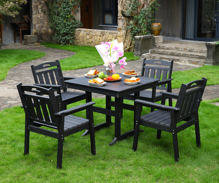 HDPE outdoor dining chair 4 na upuan + square table set black vertical backrest