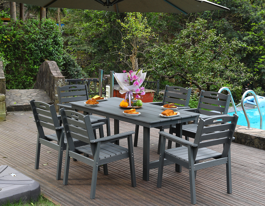Gray HDPE 6-Piece Outdoor Dining Set na may Horizontal Backrest