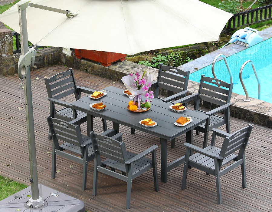 Gray HDPE 6-Piece Outdoor Dining Set na may Horizontal Backrest