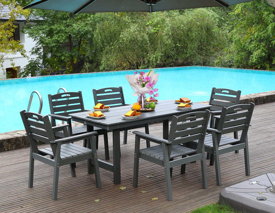 Gray HDPE 6-Piece Outdoor Dining Set na may Horizontal Backrest
