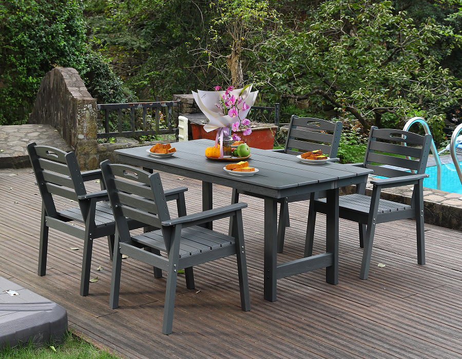 Gray HDPE 4-Piece Outdoor Dining Set na may Horizontal Backrest