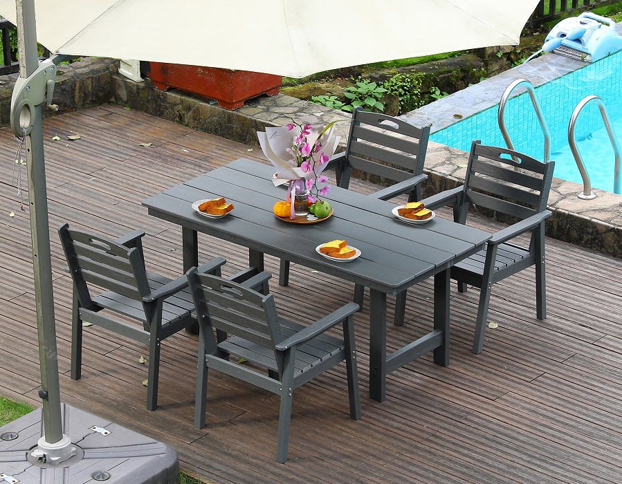 Gray HDPE 4-Piece Outdoor Dining Set na may Horizontal Backrest