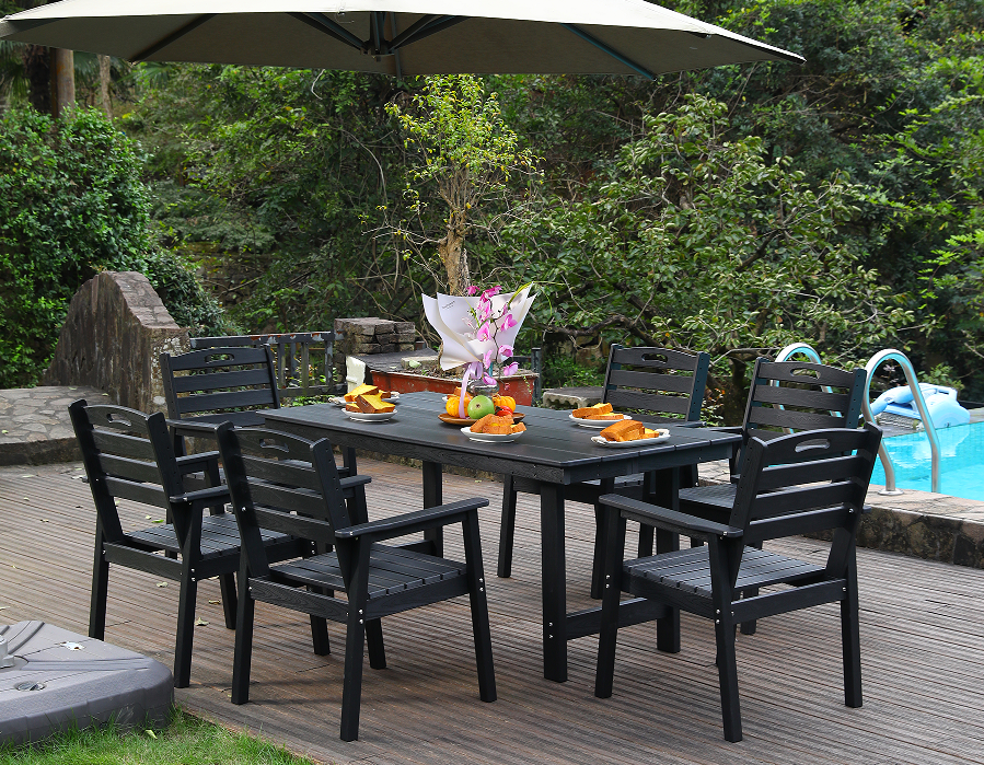 Black HDPE 6-Piece Outdoor Dining Set na may Horizontal Backrest