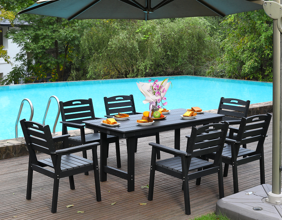Black HDPE 6-Piece Outdoor Dining Set na may Horizontal Backrest