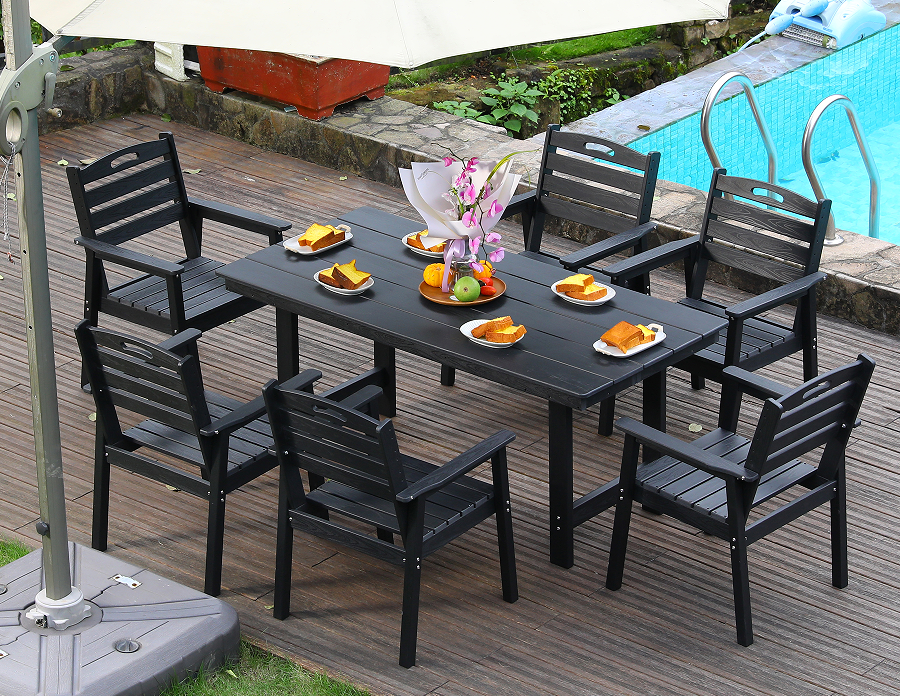 Black HDPE 6-Piece Outdoor Dining Set na may Horizontal Backrest