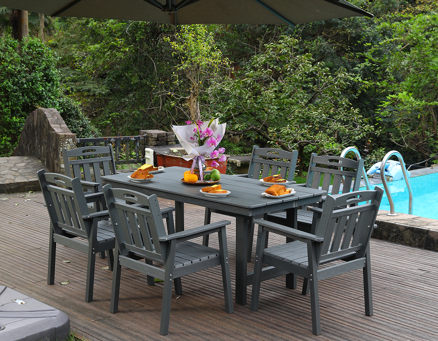 Gray HDPE 6-Piece Outdoor Dining Set na may Vertical Backrest