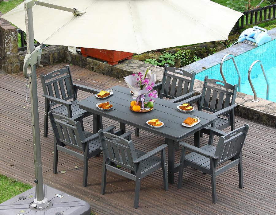 Gray HDPE 6-Piece Outdoor Dining Set na may Vertical Backrest