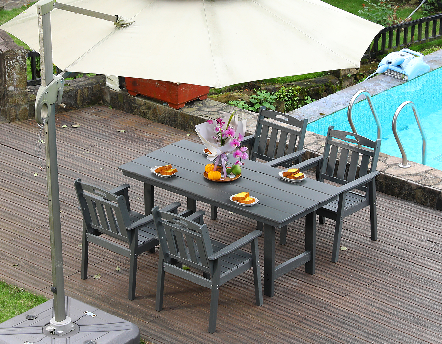 Gray HDPE 4-Piece Outdoor Dining Set na may Vertical Backrest
