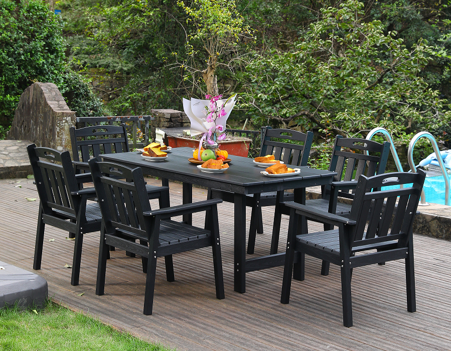 Black HDPE 6-Piece Outdoor Dining Set na may Vertical Backrest