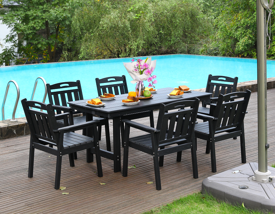 Black HDPE 6-Piece Outdoor Dining Set na may Vertical Backrest