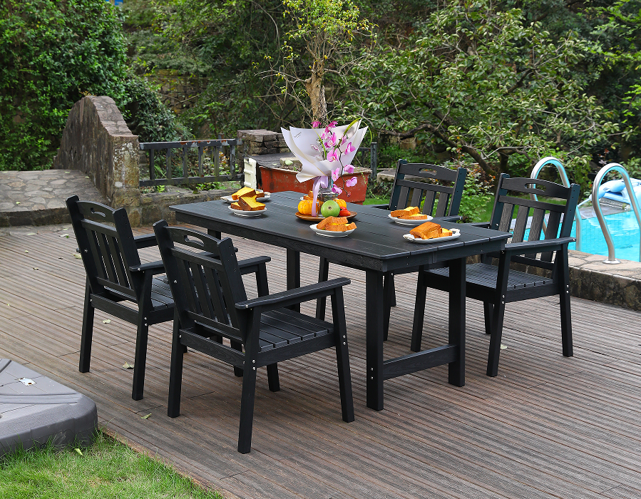 Black HDPE 4-Piece Outdoor Dining Set na may Vertical Backrest