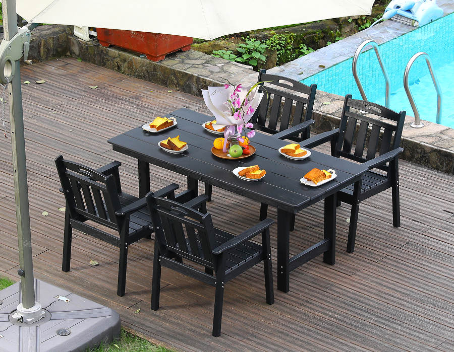 Black HDPE 4-Piece Outdoor Dining Set na may Vertical Backrest