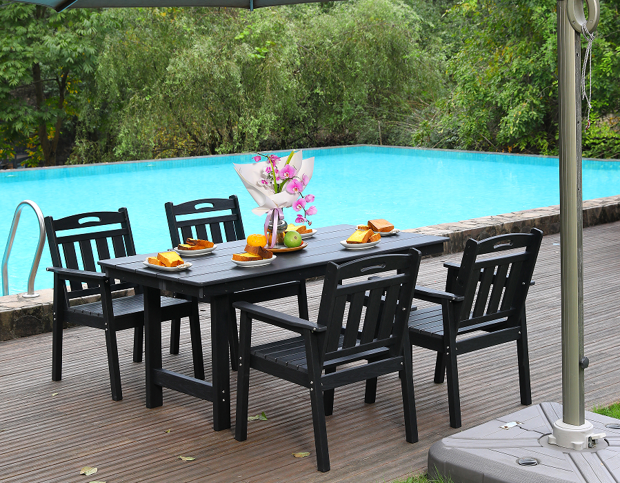 Black HDPE 4-Piece Outdoor Dining Set na may Vertical Backrest